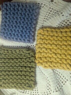 Chunky Knit Coasters r - Olive, Mustard, Blue